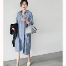 Load image into Gallery viewer, Women Single Breasted Long Shirt Dress Female Striped Vestidos 2019 Autumn Plus Size Robe Longue Cotton Linen Dresses Femme