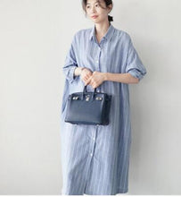 Load image into Gallery viewer, Women Single Breasted Long Shirt Dress Female Striped Vestidos 2019 Autumn Plus Size Robe Longue Cotton Linen Dresses Femme