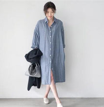 Load image into Gallery viewer, Women Single Breasted Long Shirt Dress Female Striped Vestidos 2019 Autumn Plus Size Robe Longue Cotton Linen Dresses Femme