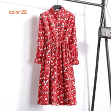 Load image into Gallery viewer, Corduroy Soft Floral Print Women Autumn Winter Dress Stand Collar Female Party Loose Dresses Elastic Waist Beach Vestidos