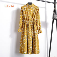 Load image into Gallery viewer, Corduroy Soft Floral Print Women Autumn Winter Dress Stand Collar Female Party Loose Dresses Elastic Waist Beach Vestidos