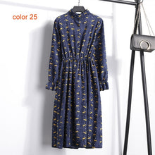Load image into Gallery viewer, Corduroy Soft Floral Print Women Autumn Winter Dress Stand Collar Female Party Loose Dresses Elastic Waist Beach Vestidos