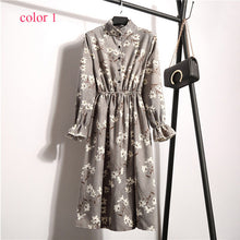 Load image into Gallery viewer, Winter Corduroy Floral Print Women Elastic Waist Autumn Winter Dress Stand Collar Beach Dress Vestidos Party Female High Quality