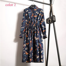 Load image into Gallery viewer, Winter Corduroy Floral Print Women Elastic Waist Autumn Winter Dress Stand Collar Beach Dress Vestidos Party Female High Quality