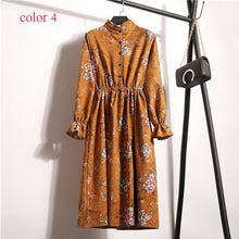 Load image into Gallery viewer, Winter Corduroy Floral Print Women Elastic Waist Autumn Winter Dress Stand Collar Beach Dress Vestidos Party Female High Quality