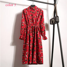 Load image into Gallery viewer, Winter Corduroy Floral Print Women Elastic Waist Autumn Winter Dress Stand Collar Beach Dress Vestidos Party Female High Quality