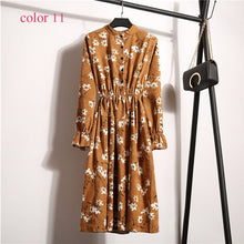 Load image into Gallery viewer, Winter Corduroy Floral Print Women Elastic Waist Autumn Winter Dress Stand Collar Beach Dress Vestidos Party Female High Quality