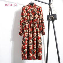 Load image into Gallery viewer, Winter Corduroy Floral Print Women Elastic Waist Autumn Winter Dress Stand Collar Beach Dress Vestidos Party Female High Quality
