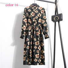 Load image into Gallery viewer, Winter Corduroy Floral Print Women Elastic Waist Autumn Winter Dress Stand Collar Beach Dress Vestidos Party Female High Quality