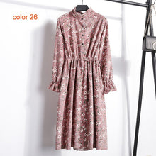 Load image into Gallery viewer, Winter Corduroy Floral Print Women Elastic Waist Autumn Winter Dress Stand Collar Beach Dress Vestidos Party Female High Quality
